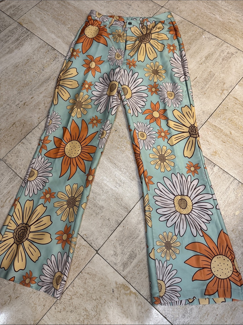 Retro Floral Wide-Leg Pants - Mint & Orange